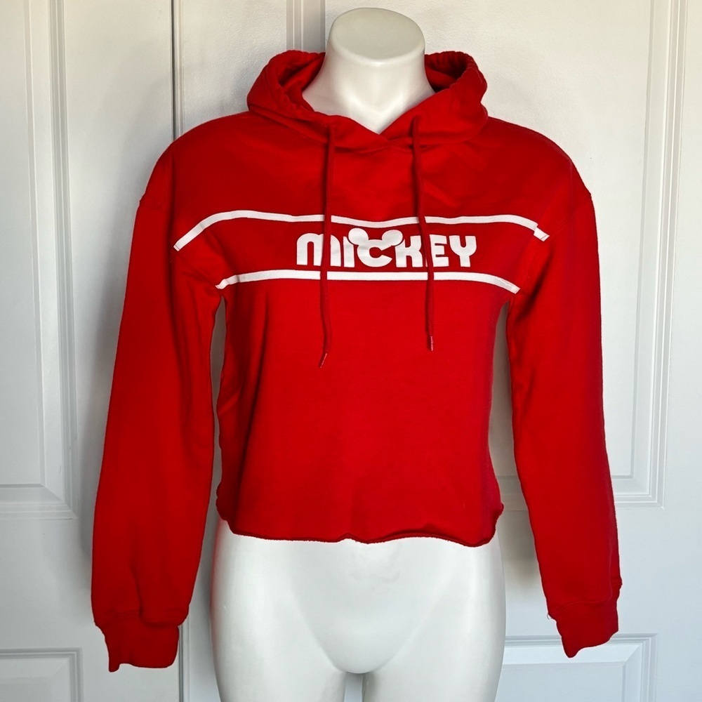 Disney Red Mickey White Stripe Cropped Hoodie Sweatshirt S